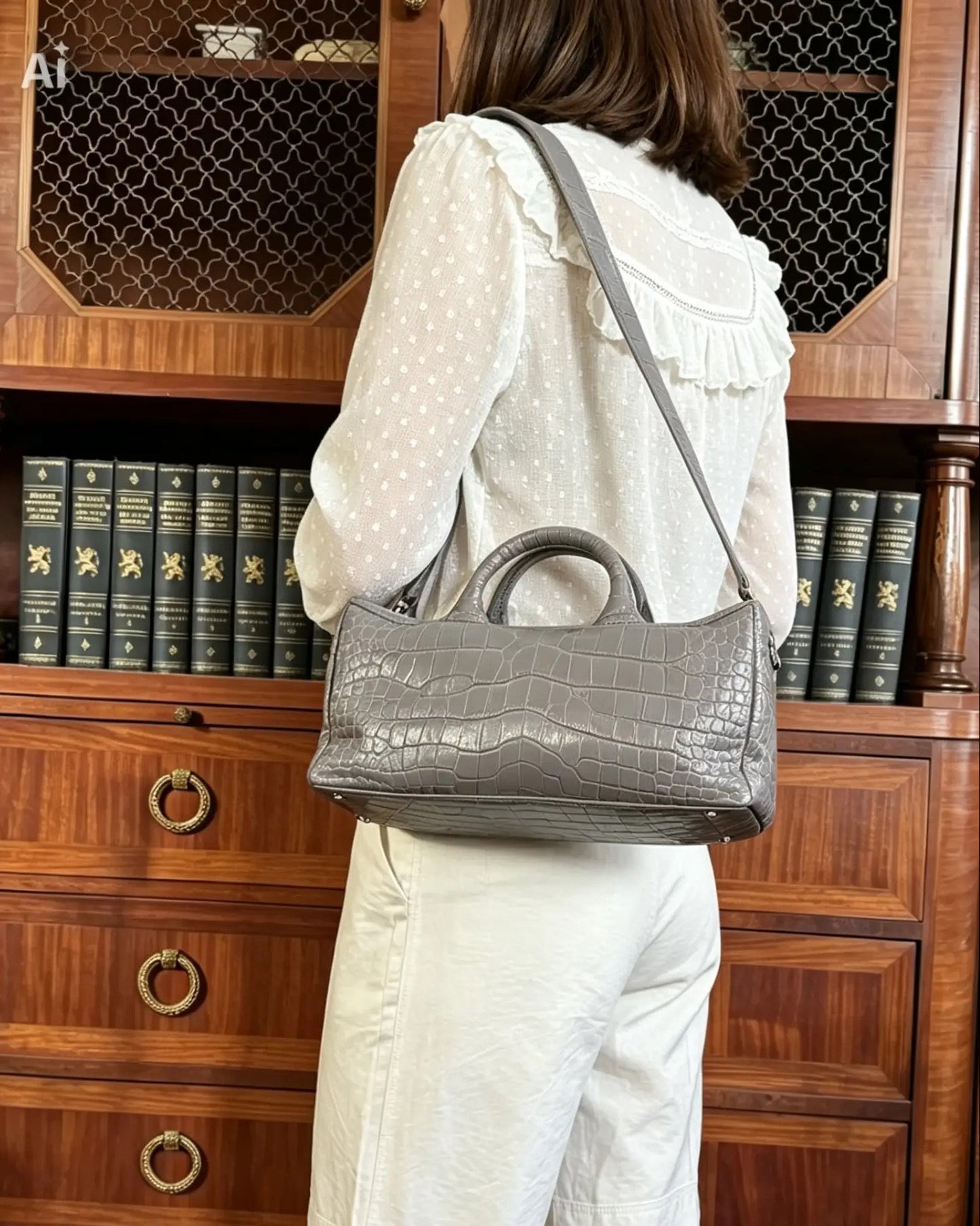 A woman wearing a white polka-dot blouse and white trousers is shown from behind, carrying a gray crocodile-embossed leather handbag over her shoulder in front of a dark wood bookcase.