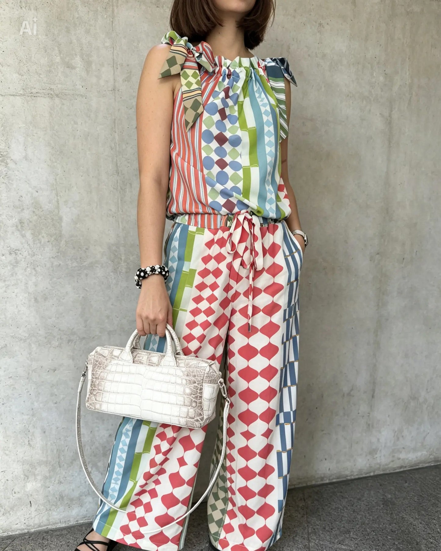 A woman models a sleeveless two-piece set featuring a colorful geometric print with red, green, blue, and white patterns. She is holding a white textured handbag and wearing black strappy sandals, standing against a concrete wall.