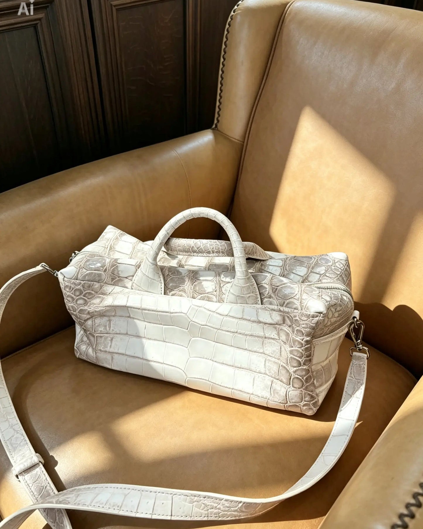 A light beige crocodile-embossed leather handbag with top handles and a matching shoulder strap, resting on a tan leather armchair in warm sunlight.