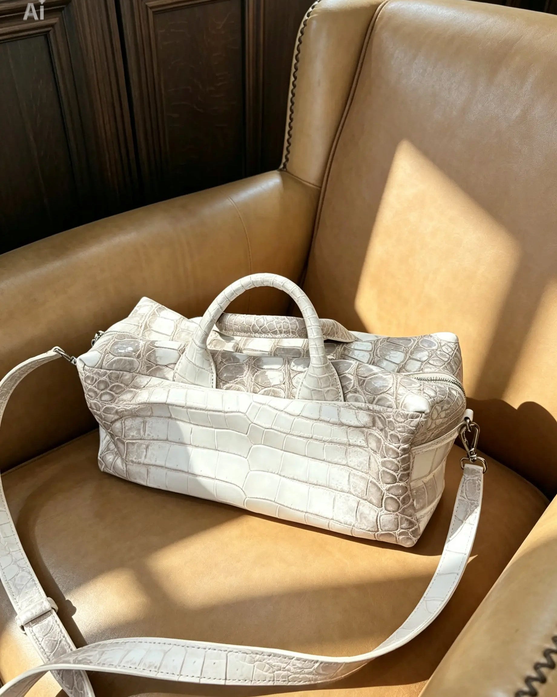 A light beige crocodile-embossed leather handbag with top handles and a matching shoulder strap, resting on a tan leather armchair in warm sunlight.