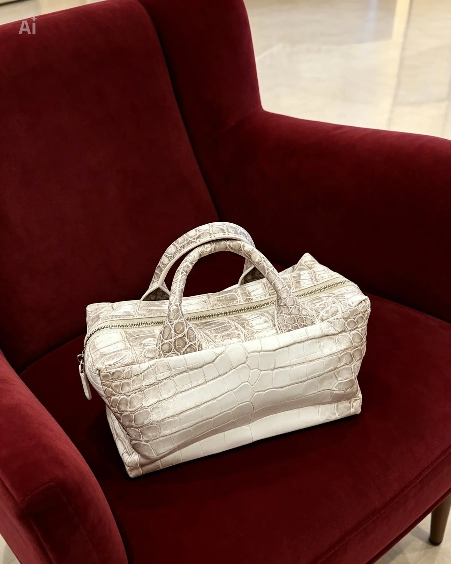 A white crocodile-embossed leather duffel bag with double top handles, resting on a plush red velvet armchair.