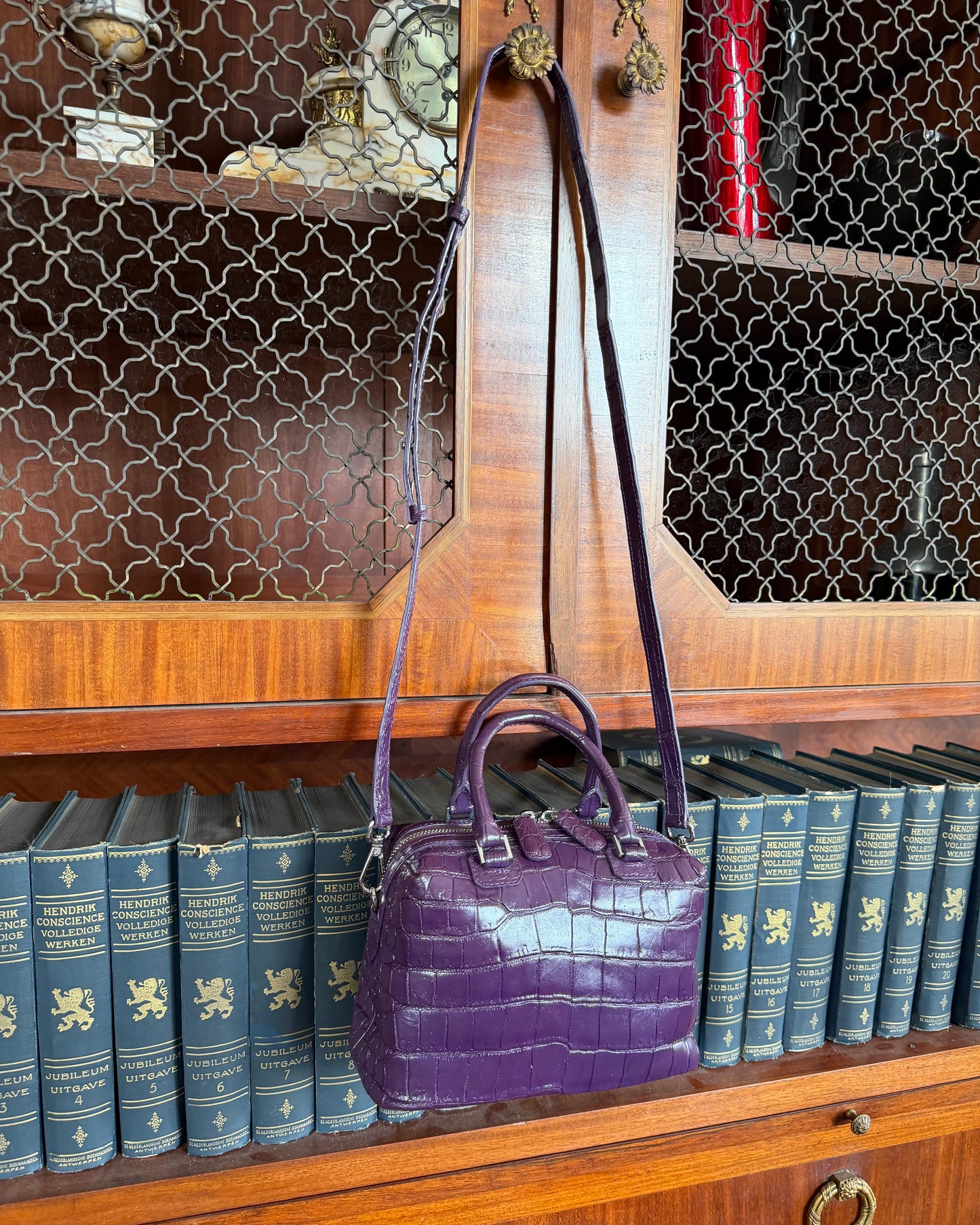 A purple crocodile-embossed leather handbag with a top handle and shoulder strap, hanging on a wooden bookshelf with blue books in the background.