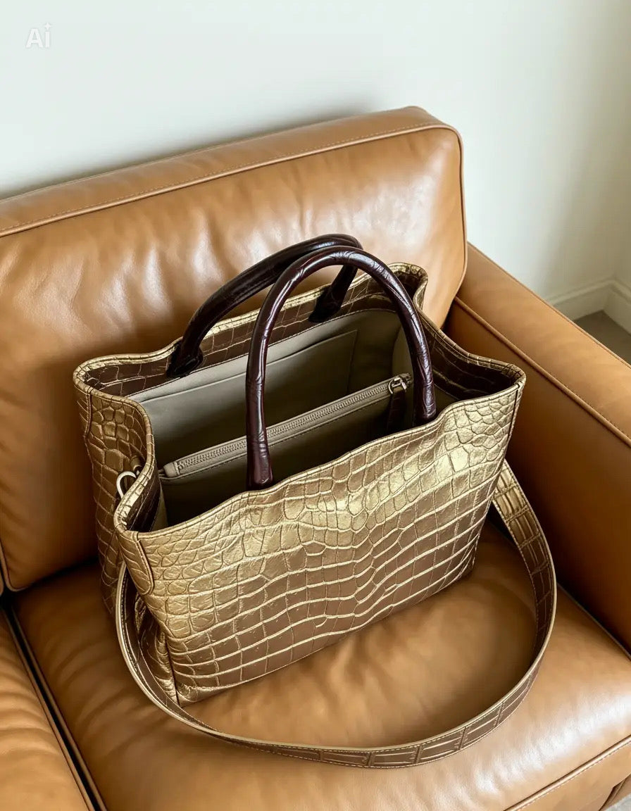 A metallic gold crocodile-embossed tote bag with dark brown leather handles, resting on a tan leather armchair.