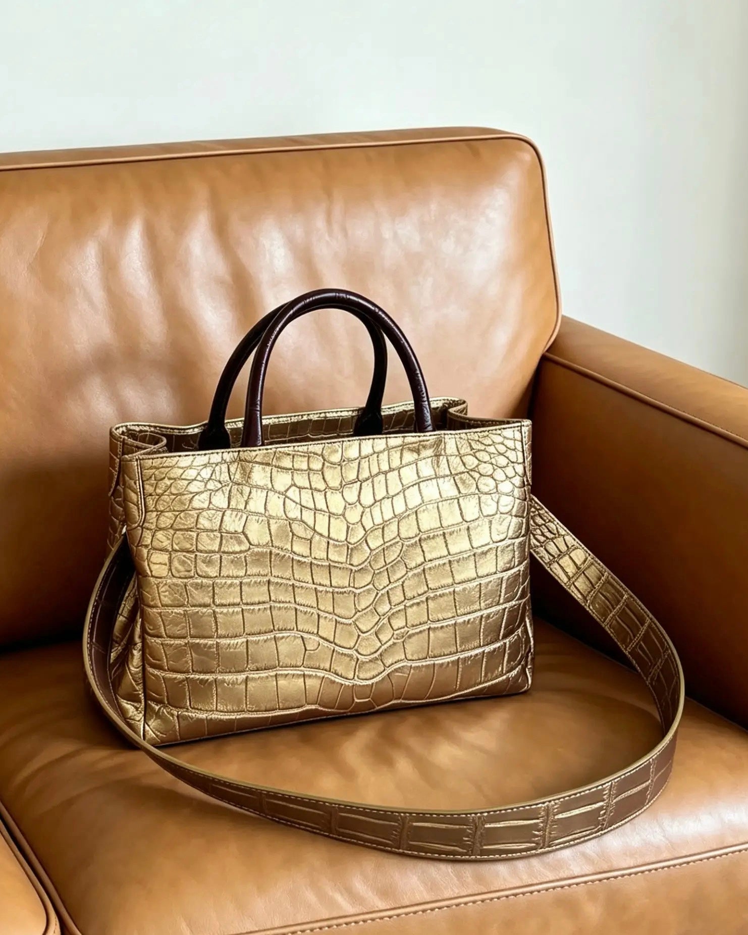 A metallic gold crocodile-embossed handbag with dark brown top handles and a matching shoulder strap, resting on a tan leather armchair.