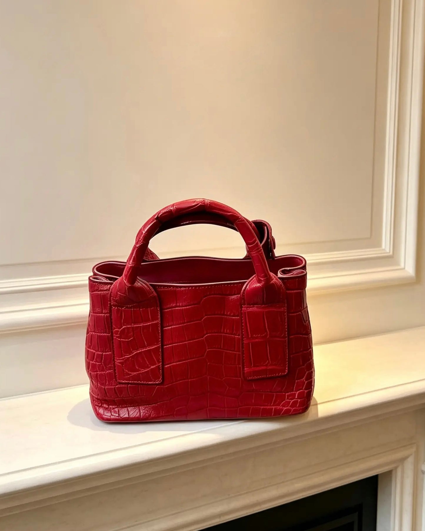 A structured red crocodile-embossed leather handbag with double top handles, resting on a white mantelpiece against a cream-colored wall.