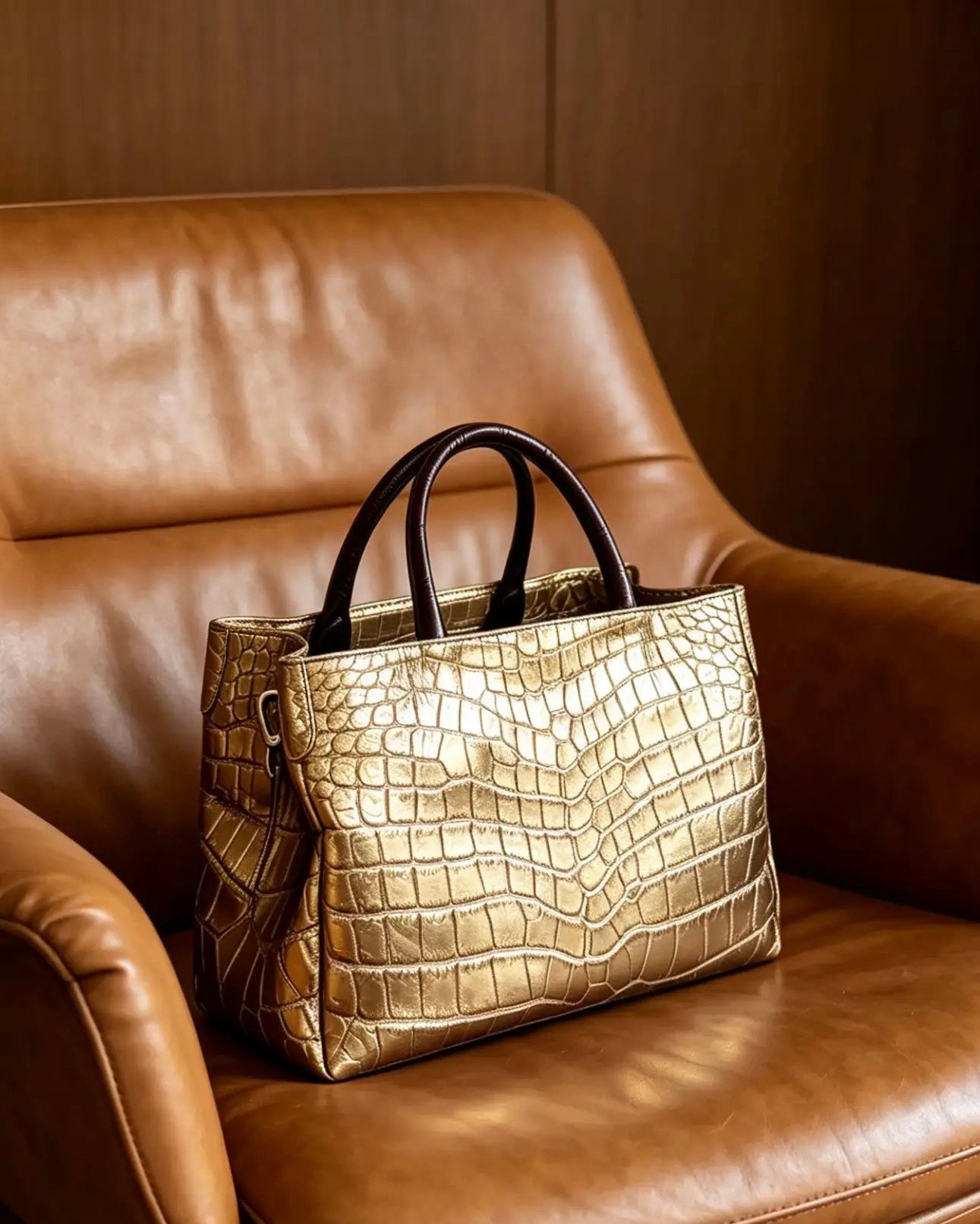 A metallic gold crocodile-embossed leather handbag with black top handles, resting on a brown leather armchair against a dark wood-paneled background.