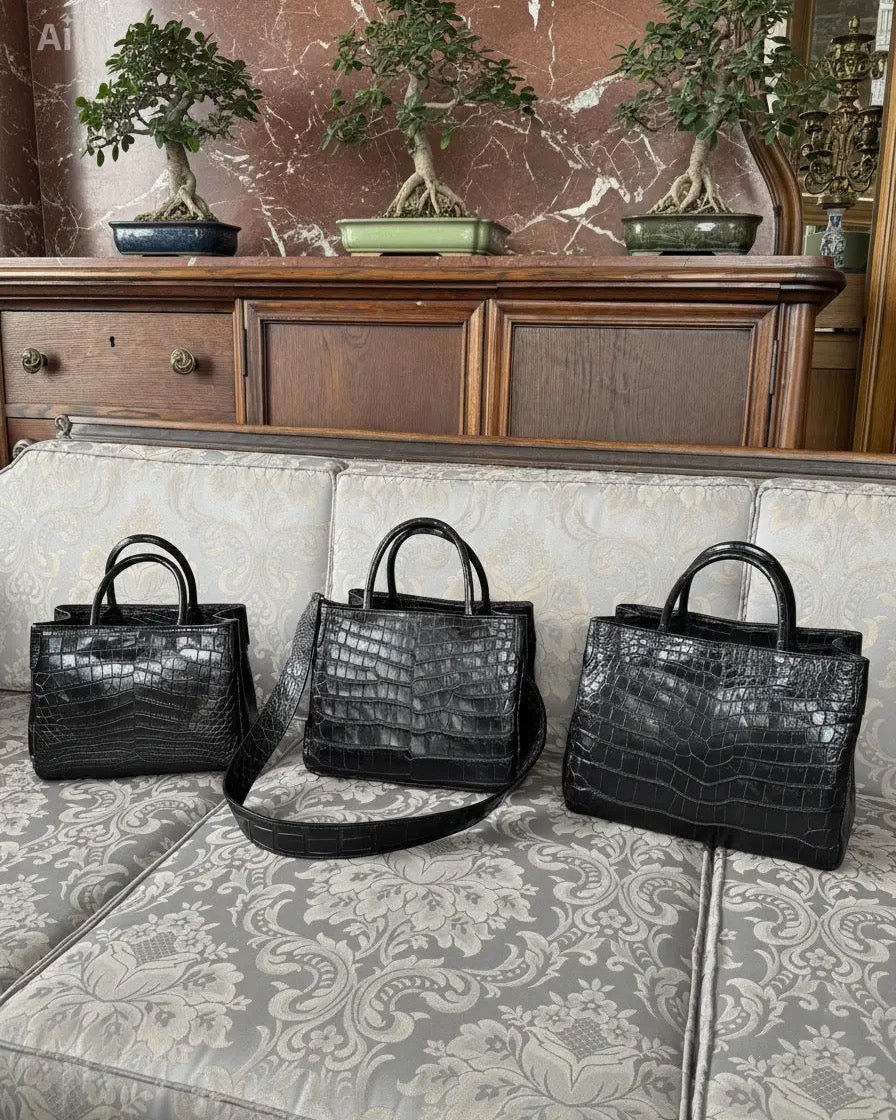 Three black crocodile-embossed leather handbags in different sizes arranged on a gray patterned sofa in front of a wooden cabinet with bonsai trees.